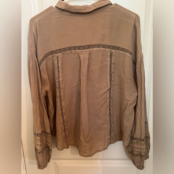 Free People Stars Lace Crochet Embellished Button Down Shirt Top Brown Beige M - Picture 4 of 11